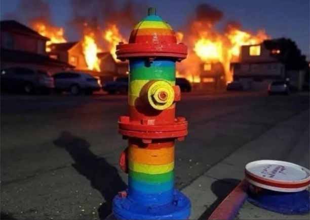 The stupidity of liberalism a rainbow fire hydrant that has no water during the LA wildfires